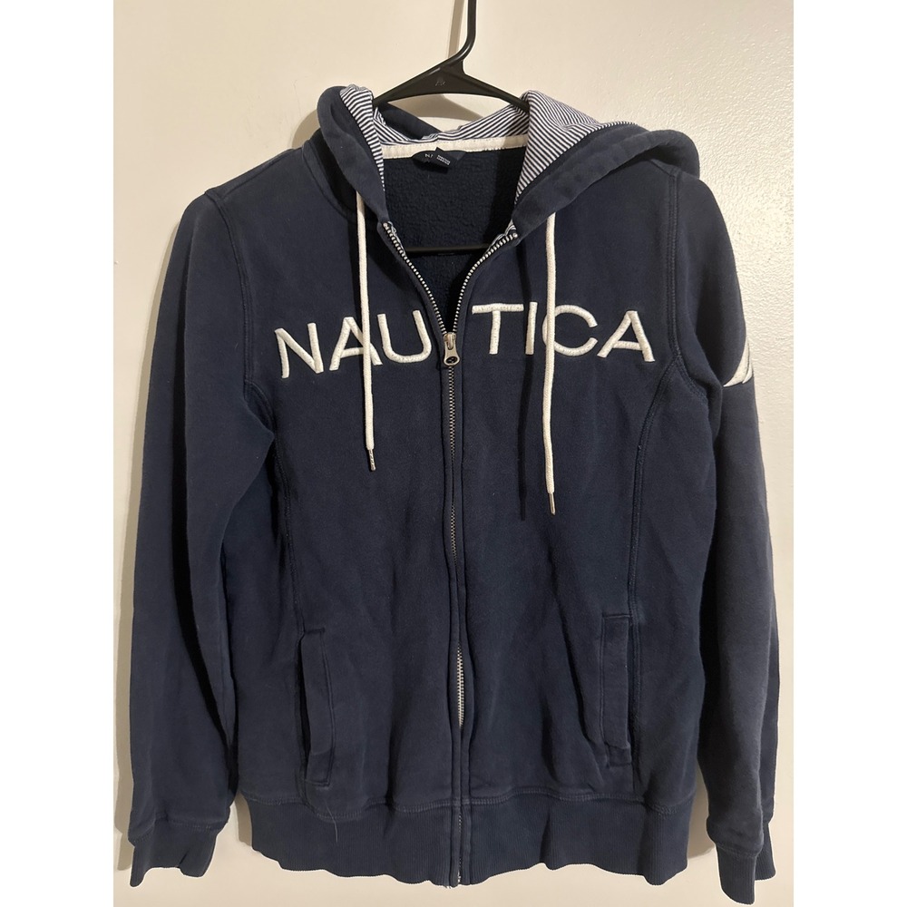 Nautica Womens Navy Blue Full Zip Hoodie Embroidered Logo Striped Hood Small